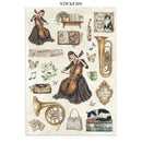 Sheet of stickers featuring a woman playing a cello, musical instruments, and decorative elements on a white background.