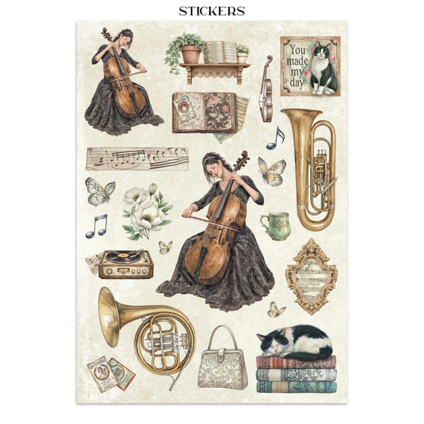 Sheet of stickers featuring a woman playing a cello, musical instruments, and decorative elements on a white background.