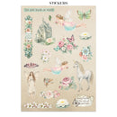 Sheet of stickers featuring fairies, unicorns, flowers, and castle on a beige background.