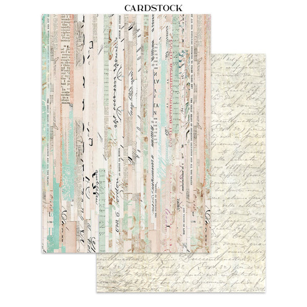 Two sheets of cardstock with vintage text design on a white background