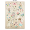 Sheet of stickers featuring fairies, unicorns, and flowers on a beige background.