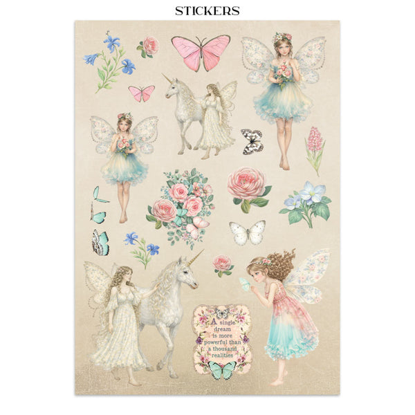 Sheet of stickers featuring fairies, unicorns, and flowers on a beige background.