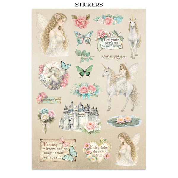 Collection of stickers featuring fairies, unicorns, flowers, and castles on a beige background.