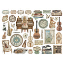 Collection of vintage-style decorative items including clocks, musical instruments, and books on a white background.