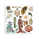Sheet of decorative stickers featuring a geisha, lanterns, flowers, and a pagoda on a white background.