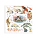Sheet of Japanese-themed stickers featuring a crane, geisha, cherry blossoms, and other elements on a white background.