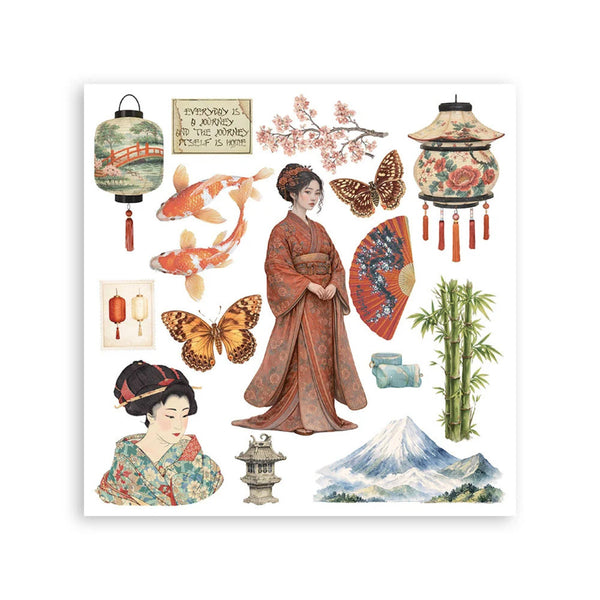 Set of Japanese-themed illustrations including a woman in a kimono, lanterns, koi fish, and Mount Fuji.