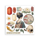 Set of decorative stickers featuring a geisha, cat, lanterns, and flowers on a white background.