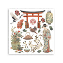 Illustration of a geisha, flowers, birds, and a torii gate on a white background