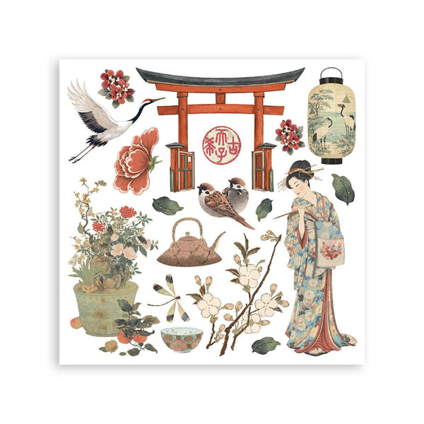 Illustration of a geisha, flowers, birds, and a torii gate on a white background