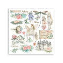 Sheet of stickers with unicorns, fairies, flowers, and castle on a white background