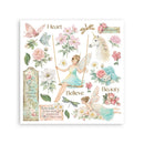 Decorative paper with fairies, flowers, and text on a white background
