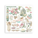 Decorative paper with fairies, unicorns, flowers, and motivational text on a white background