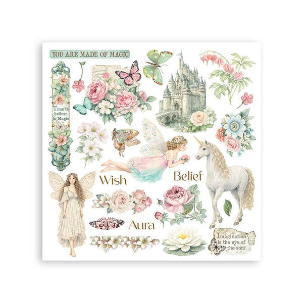 Decorative paper with fairies, unicorns, flowers, and motivational text on a white background