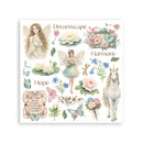 Sticker sheet with fairies, flowers, and a unicorn on a white background
