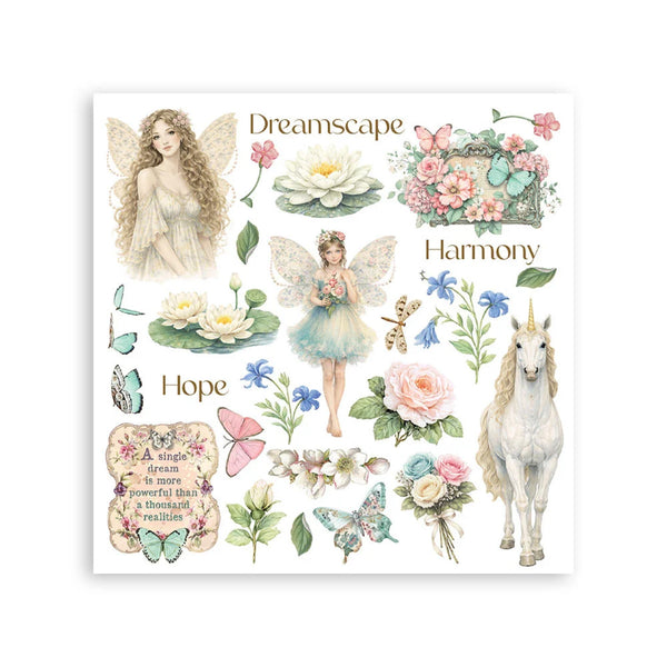 Sticker sheet with fairies, flowers, and a unicorn on a white background