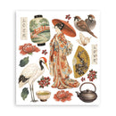 Sticker sheet with Japanese-themed elements including a geisha, lantern, crane, and teapot on a white background.