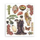 Collection of Japanese-themed illustrations including a woman, tiger, lanterns, and flowers on a white background.