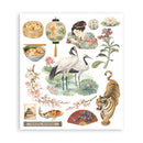 Collection of illustrated elements including cranes, a tiger, flowers, and a woman in traditional attire on a white background.