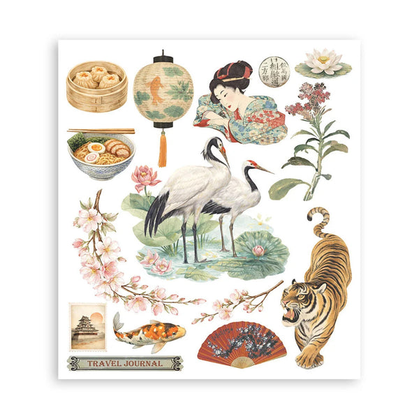 Collection of illustrated elements including cranes, a tiger, flowers, and a woman in traditional attire on a white background.