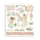 Decorative paper with fairies, unicorn, and floral elements on a white background