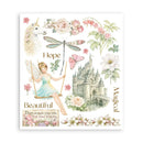 Decorative poster with fairy, unicorn, castle, and floral elements on a white background.