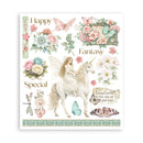 Decorative paper with fairy, unicorn, flowers, and text on a white background