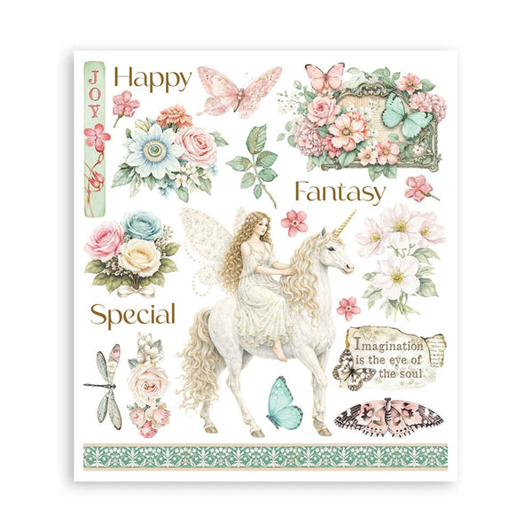 Decorative paper with fairy, unicorn, flowers, and text on a white background