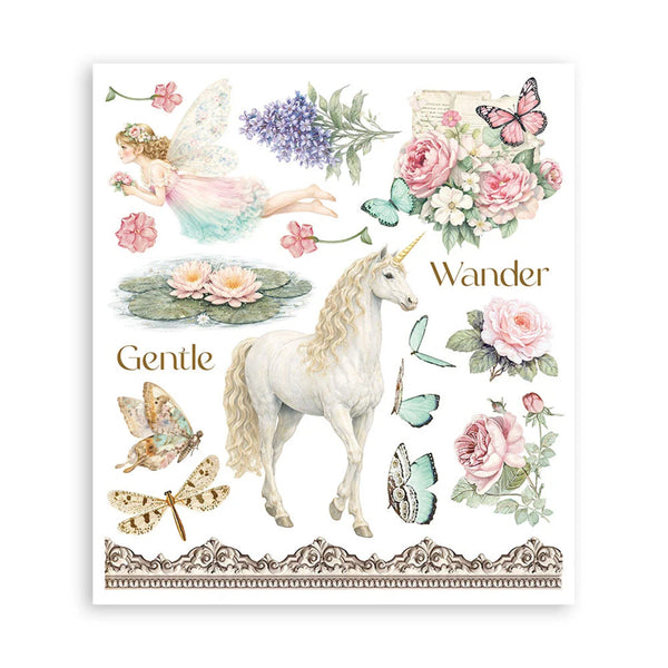 Decorative print with a unicorn, fairy, and flowers on a white background