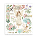 Illustrations of fairies, flowers, and decorative text on a white background