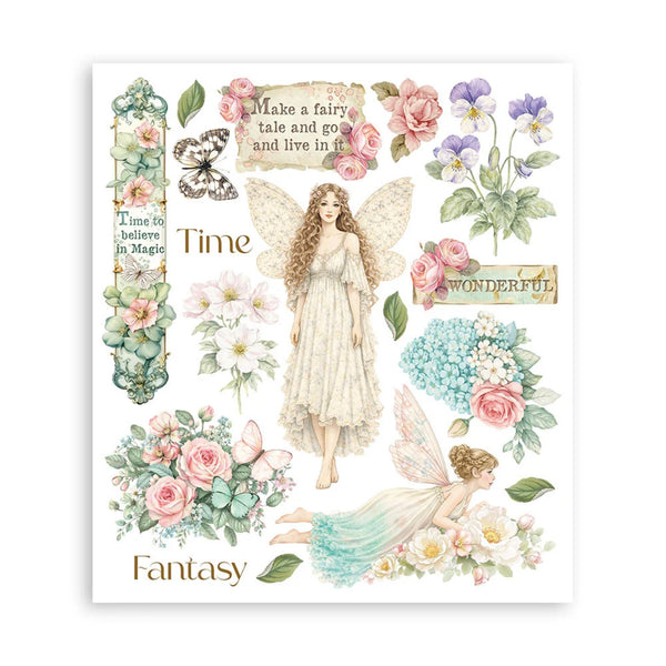 Illustrations of fairies, flowers, and decorative text on a white background