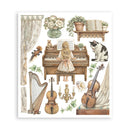Collage of musical instruments, a piano, and decorative elements on a white background