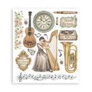 Decorative set with musical instruments, clock, and woman playing harp on a white background