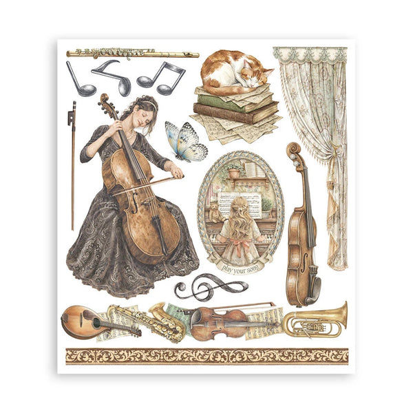 Illustration of a woman playing a cello with musical instruments and decorative elements on a white background
