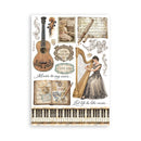 Decorative poster with musical instruments, sheet music, and text on a white background