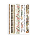Decorative border with musical instruments and floral elements on a white background