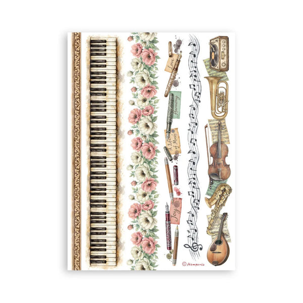 Decorative border with musical instruments and floral elements on a white background