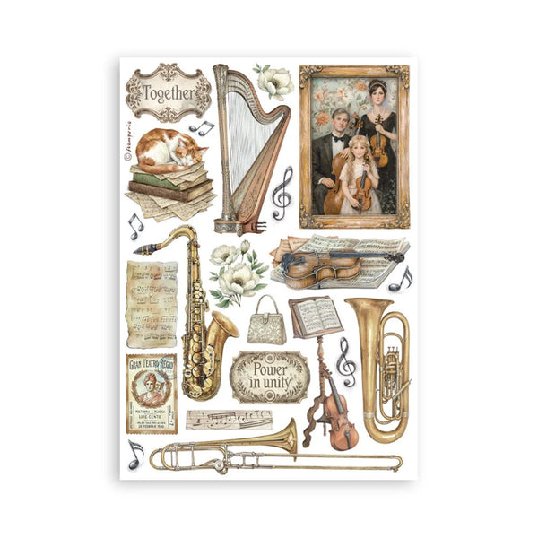 Collection of vintage musical instruments and related items on a white background
