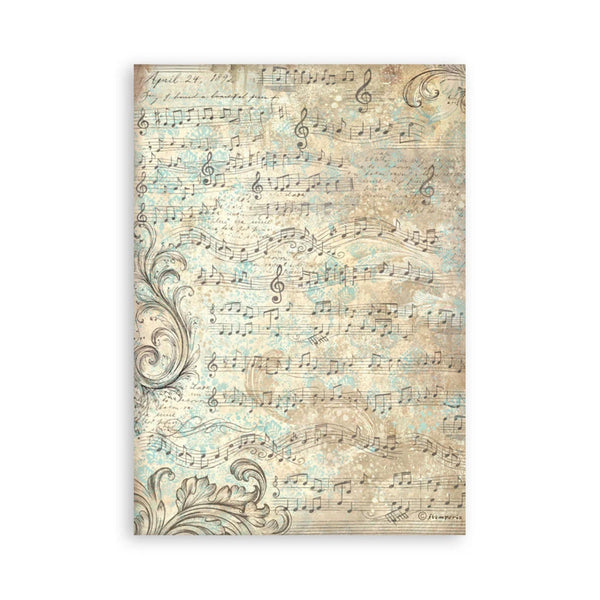 Sheet music design with decorative elements on a beige background