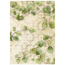 Decorative paper with green leaf pattern on a textured beige background