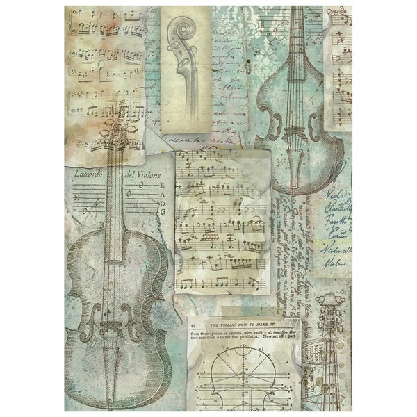 Sheet of paper with vintage violin design and music notes on a white background
