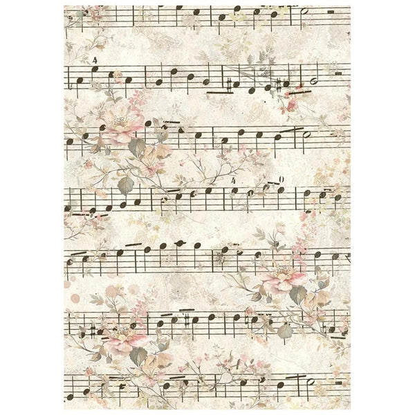 Sheet music with floral elements on a white background