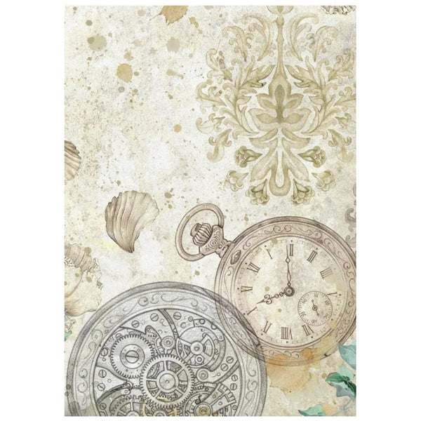 Decorative paper with vintage pocket watch and shell design on a textured background