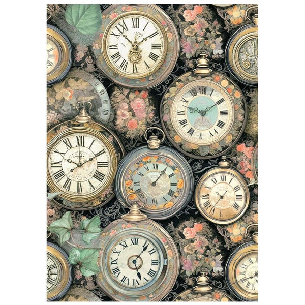 Vintage clock design with floral elements on a black background