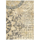 Vintage-style paper with decorative text and floral elements on a beige background