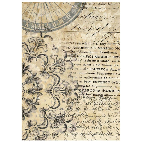 Vintage-style paper with decorative text and floral elements on a beige background