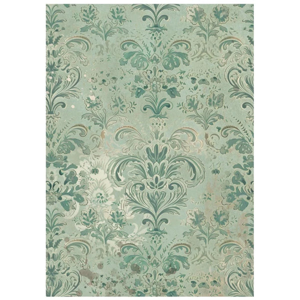 Decorative green and beige patterned rug on a white background