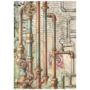Decorative paper with steampunk-style pipes and gears on a vintage text background