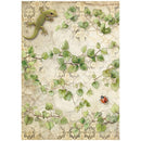Decorative paper with a green lizard and ladybug on a leafy branch design.