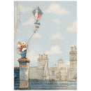 Illustration of a mouse on a rooftop with a kite, set against a cityscape with buildings and chimneys.